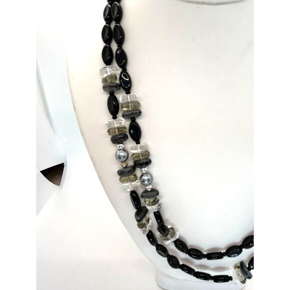 Vintage Czech Glass Beaded Necklace Black Smokey Gray & Clear With Tag - Picture 7 of 11